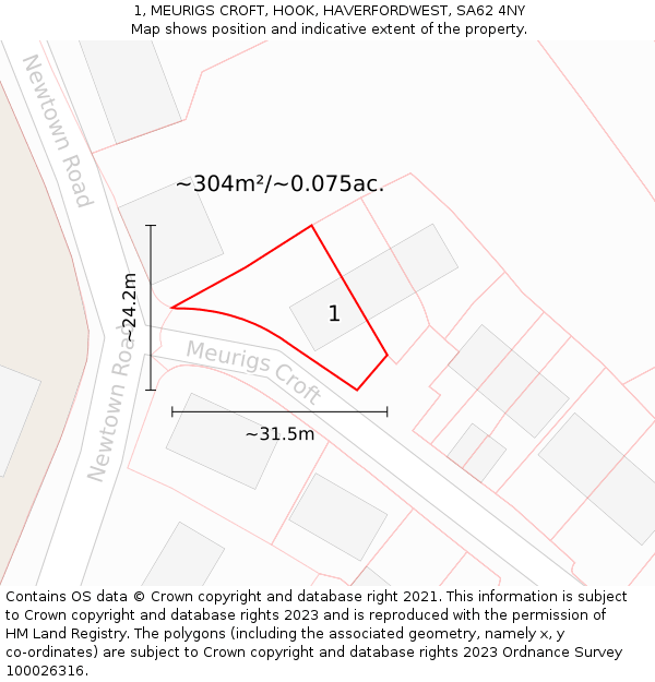 1, MEURIGS CROFT, HOOK, HAVERFORDWEST, SA62 4NY: Plot and title map