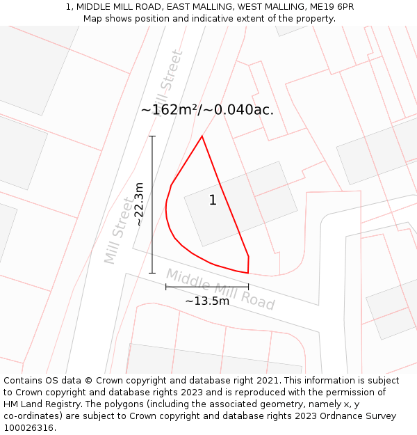 1, MIDDLE MILL ROAD, EAST MALLING, WEST MALLING, ME19 6PR: Plot and title map