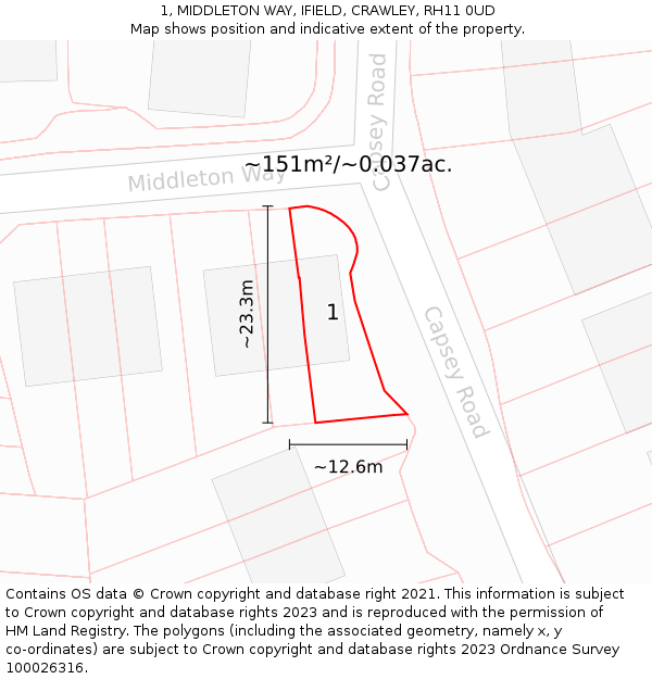 1, MIDDLETON WAY, IFIELD, CRAWLEY, RH11 0UD: Plot and title map