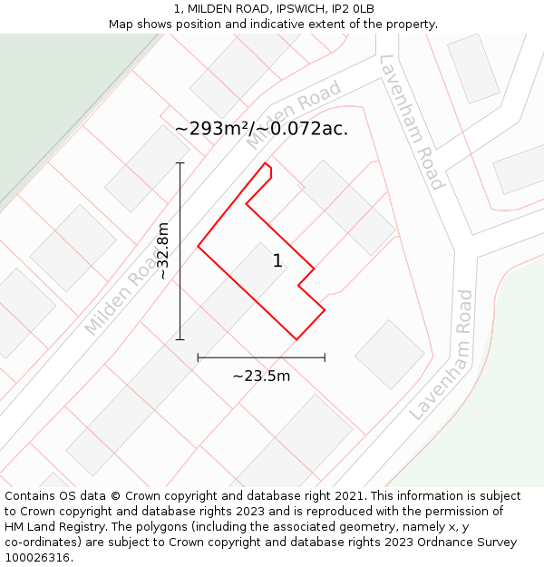 1, MILDEN ROAD, IPSWICH, IP2 0LB: Plot and title map