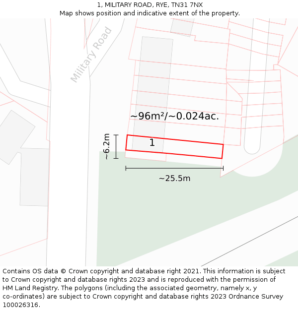 1, MILITARY ROAD, RYE, TN31 7NX: Plot and title map