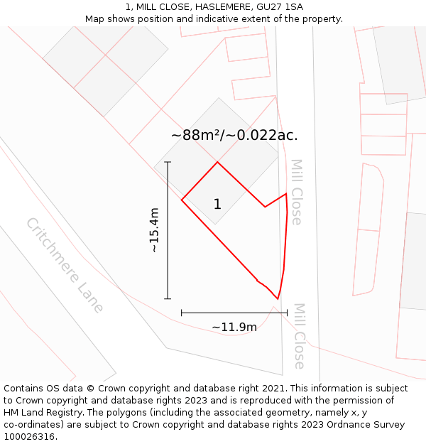 1, MILL CLOSE, HASLEMERE, GU27 1SA: Plot and title map