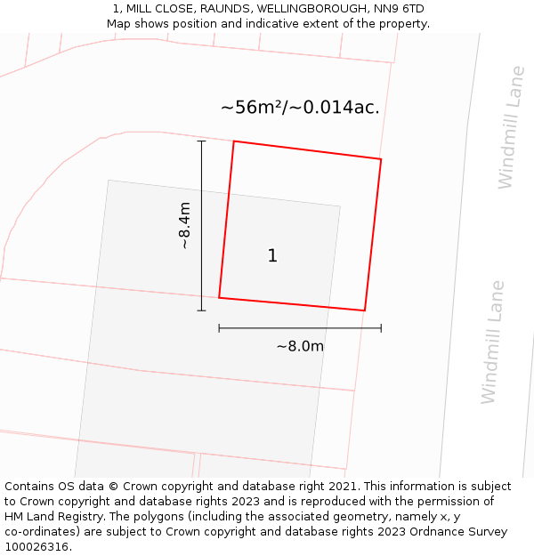 1, MILL CLOSE, RAUNDS, WELLINGBOROUGH, NN9 6TD: Plot and title map