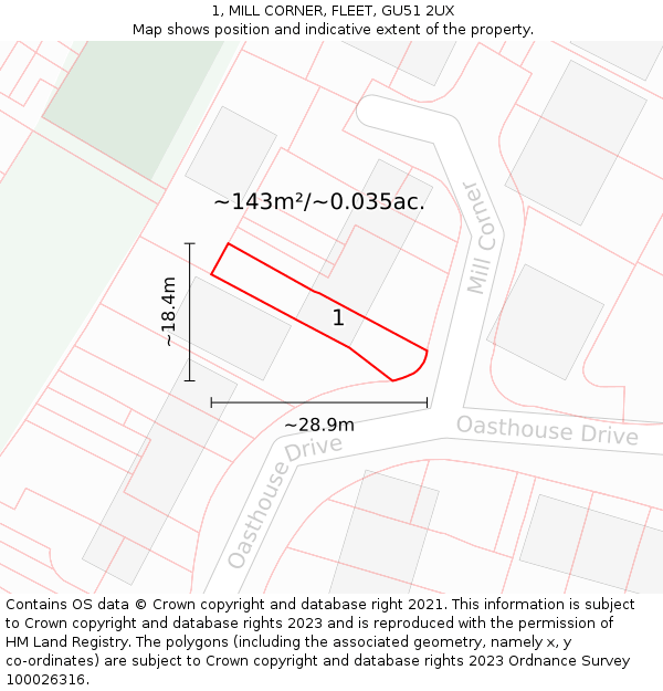1, MILL CORNER, FLEET, GU51 2UX: Plot and title map