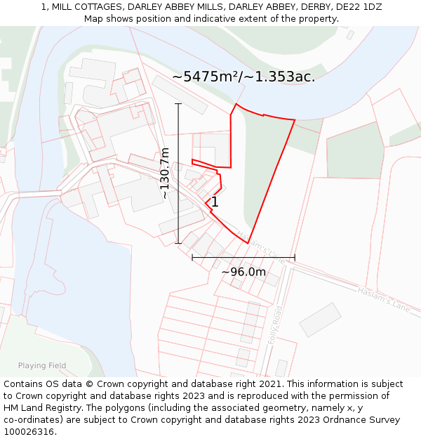 1, MILL COTTAGES, DARLEY ABBEY MILLS, DARLEY ABBEY, DERBY, DE22 1DZ: Plot and title map