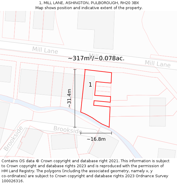 1, MILL LANE, ASHINGTON, PULBOROUGH, RH20 3BX: Plot and title map