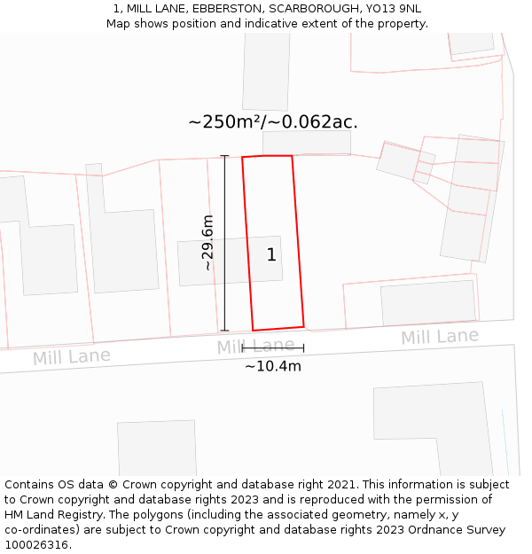 1, MILL LANE, EBBERSTON, SCARBOROUGH, YO13 9NL: Plot and title map
