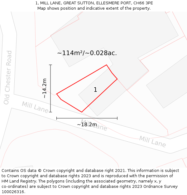 1, MILL LANE, GREAT SUTTON, ELLESMERE PORT, CH66 3PE: Plot and title map