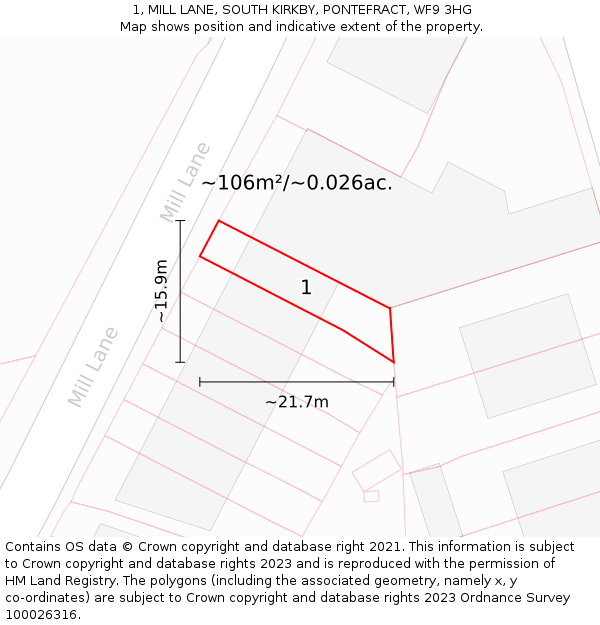 1, MILL LANE, SOUTH KIRKBY, PONTEFRACT, WF9 3HG: Plot and title map
