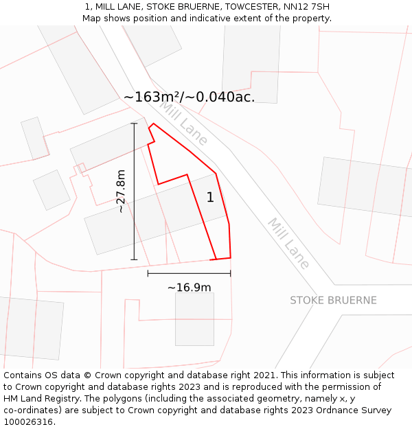 1, MILL LANE, STOKE BRUERNE, TOWCESTER, NN12 7SH: Plot and title map