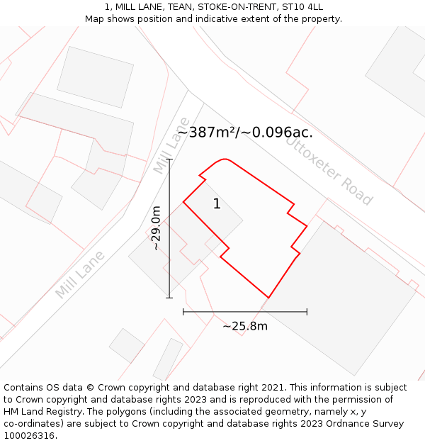 1, MILL LANE, TEAN, STOKE-ON-TRENT, ST10 4LL: Plot and title map