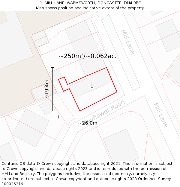 1, MILL LANE, WARMSWORTH, DONCASTER, DN4 9RG: Plot and title map