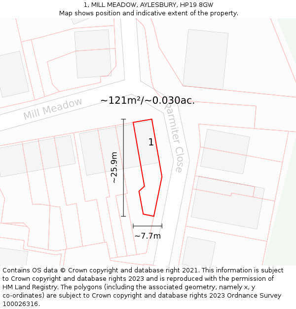 1, MILL MEADOW, AYLESBURY, HP19 8GW: Plot and title map