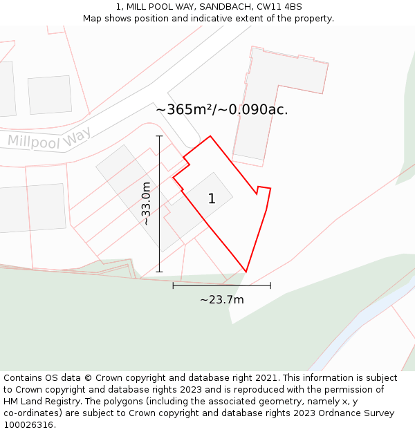 1, MILL POOL WAY, SANDBACH, CW11 4BS: Plot and title map