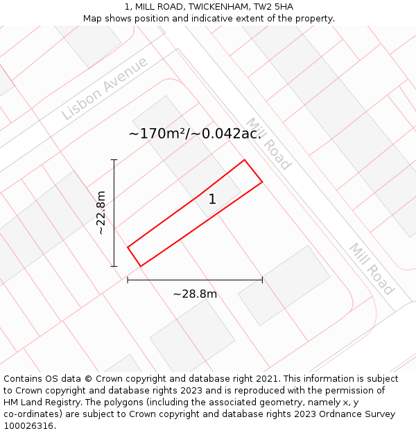 1, MILL ROAD, TWICKENHAM, TW2 5HA: Plot and title map