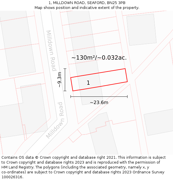 1, MILLDOWN ROAD, SEAFORD, BN25 3PB: Plot and title map