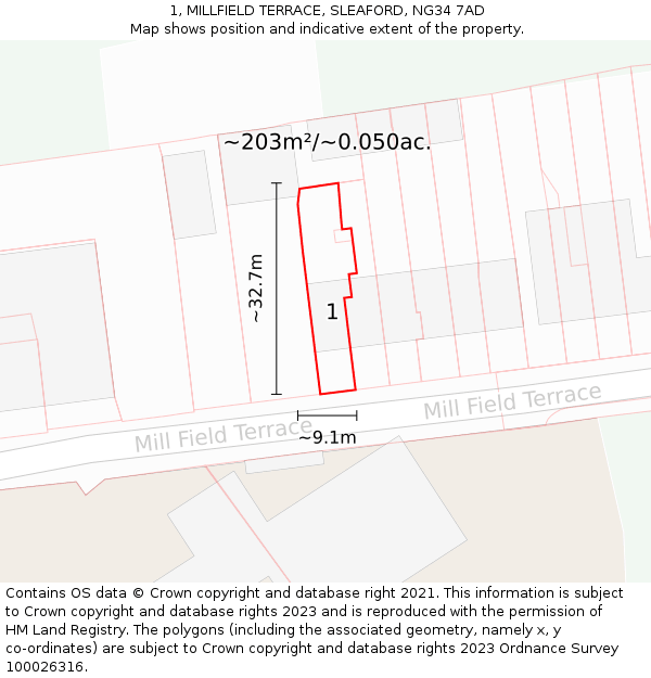 1, MILLFIELD TERRACE, SLEAFORD, NG34 7AD: Plot and title map