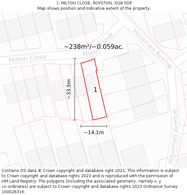 1, MILTON CLOSE, ROYSTON, SG8 5DP: Plot and title map