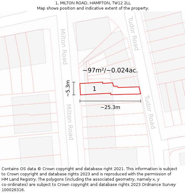 1, MILTON ROAD, HAMPTON, TW12 2LL: Plot and title map