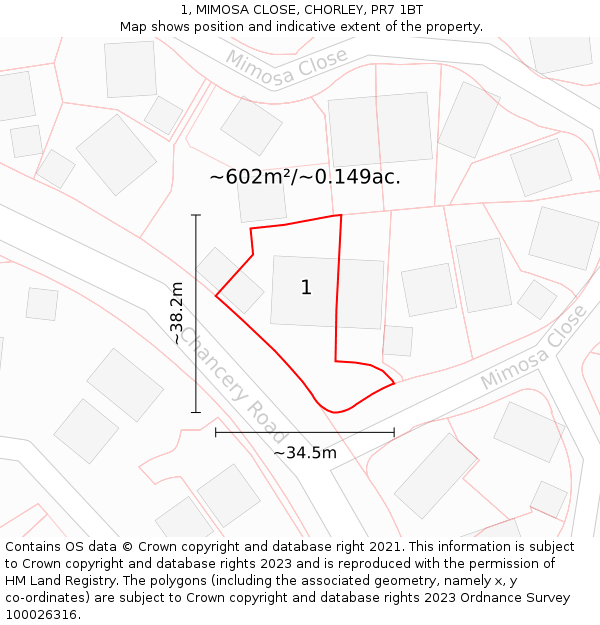 1, MIMOSA CLOSE, CHORLEY, PR7 1BT: Plot and title map