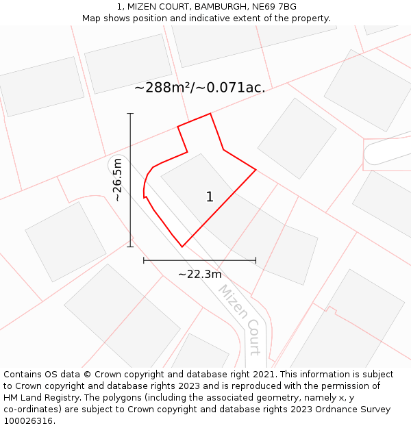 1, MIZEN COURT, BAMBURGH, NE69 7BG: Plot and title map