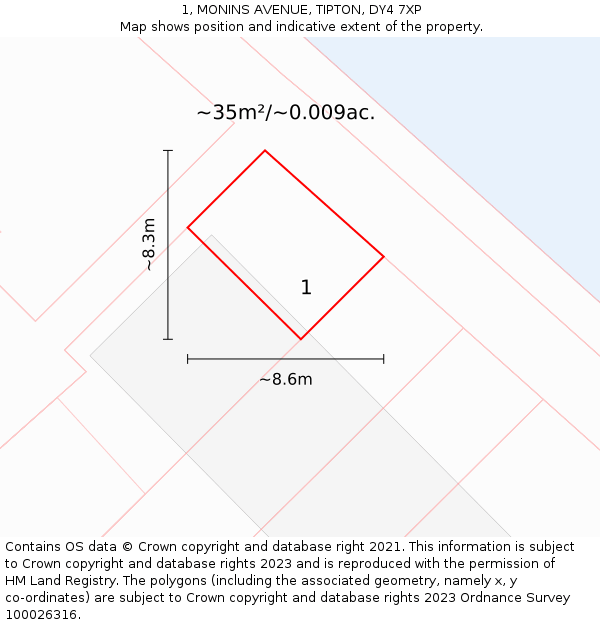 1, MONINS AVENUE, TIPTON, DY4 7XP: Plot and title map