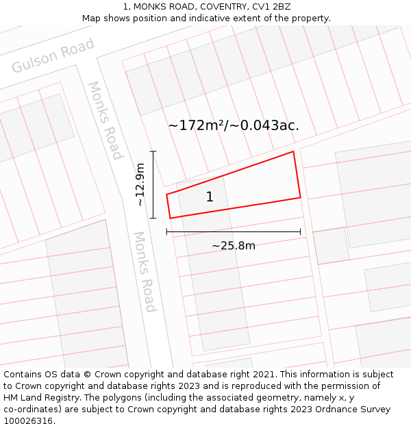 1, MONKS ROAD, COVENTRY, CV1 2BZ: Plot and title map