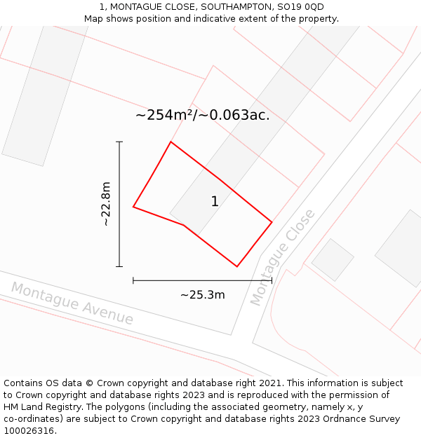 1, MONTAGUE CLOSE, SOUTHAMPTON, SO19 0QD: Plot and title map