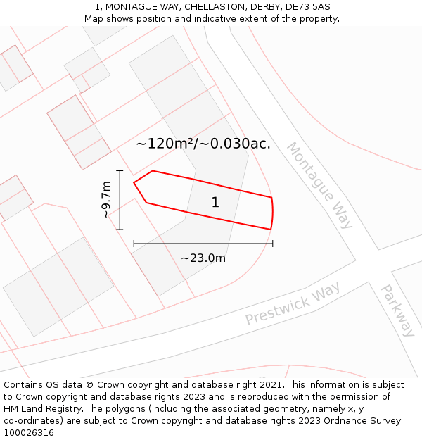 1, MONTAGUE WAY, CHELLASTON, DERBY, DE73 5AS: Plot and title map