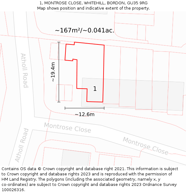 1, MONTROSE CLOSE, WHITEHILL, BORDON, GU35 9RG: Plot and title map