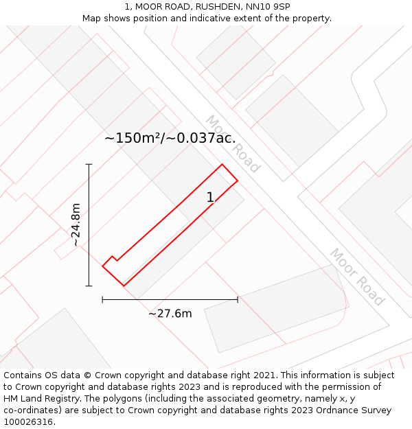 1, MOOR ROAD, RUSHDEN, NN10 9SP: Plot and title map