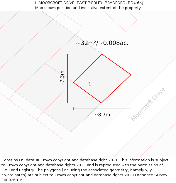 1, MOORCROFT DRIVE, EAST BIERLEY, BRADFORD, BD4 6NJ: Plot and title map