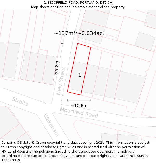 1, MOORFIELD ROAD, PORTLAND, DT5 1HJ: Plot and title map