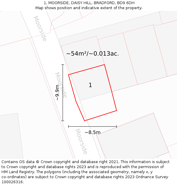 1, MOORSIDE, DAISY HILL, BRADFORD, BD9 6DH: Plot and title map