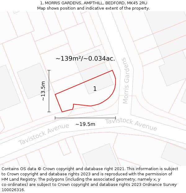 1, MORRIS GARDENS, AMPTHILL, BEDFORD, MK45 2RU: Plot and title map