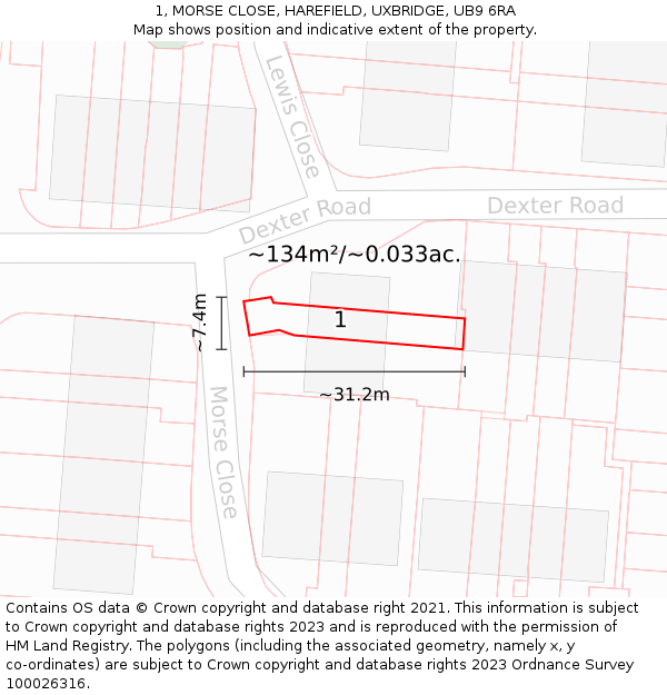 1, MORSE CLOSE, HAREFIELD, UXBRIDGE, UB9 6RA: Plot and title map