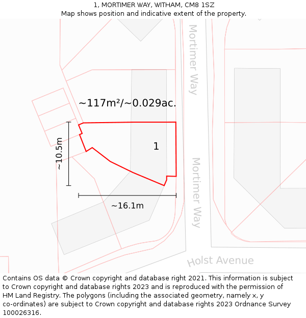 1, MORTIMER WAY, WITHAM, CM8 1SZ: Plot and title map