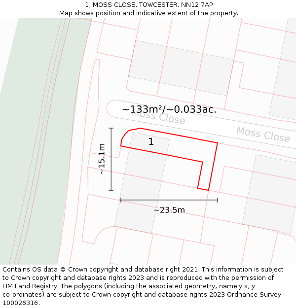 1, MOSS CLOSE, TOWCESTER, NN12 7AP: Plot and title map