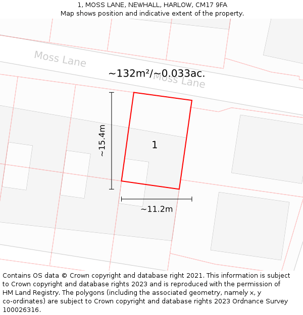 1, MOSS LANE, NEWHALL, HARLOW, CM17 9FA: Plot and title map