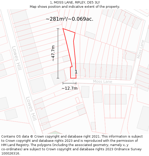 1, MOSS LANE, RIPLEY, DE5 3LY: Plot and title map
