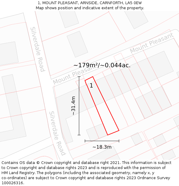 1, MOUNT PLEASANT, ARNSIDE, CARNFORTH, LA5 0EW: Plot and title map