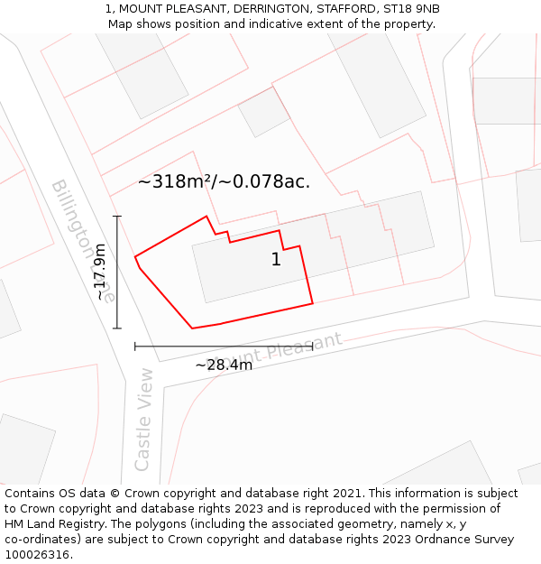 1, MOUNT PLEASANT, DERRINGTON, STAFFORD, ST18 9NB: Plot and title map