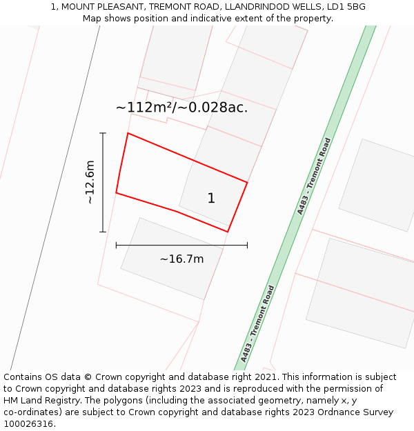 1, MOUNT PLEASANT, TREMONT ROAD, LLANDRINDOD WELLS, LD1 5BG: Plot and title map