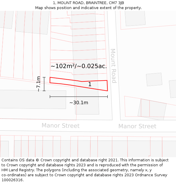 1, MOUNT ROAD, BRAINTREE, CM7 3JB: Plot and title map