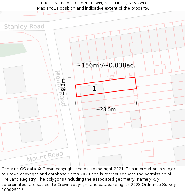 1, MOUNT ROAD, CHAPELTOWN, SHEFFIELD, S35 2WB: Plot and title map