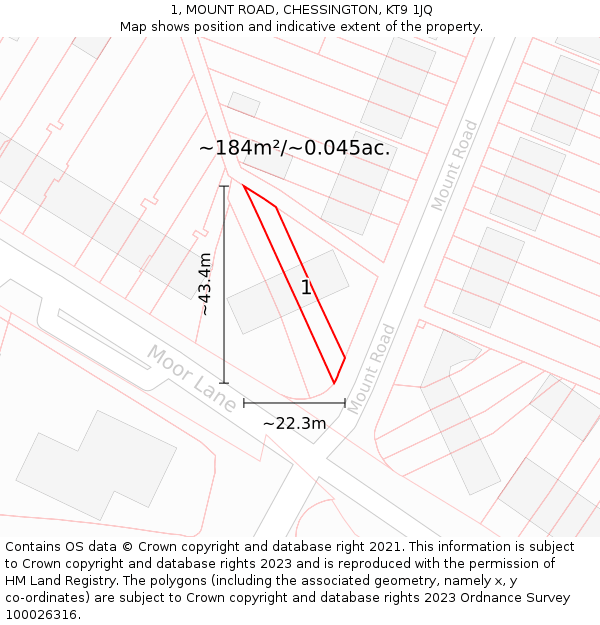 1, MOUNT ROAD, CHESSINGTON, KT9 1JQ: Plot and title map