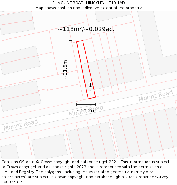 1, MOUNT ROAD, HINCKLEY, LE10 1AD: Plot and title map