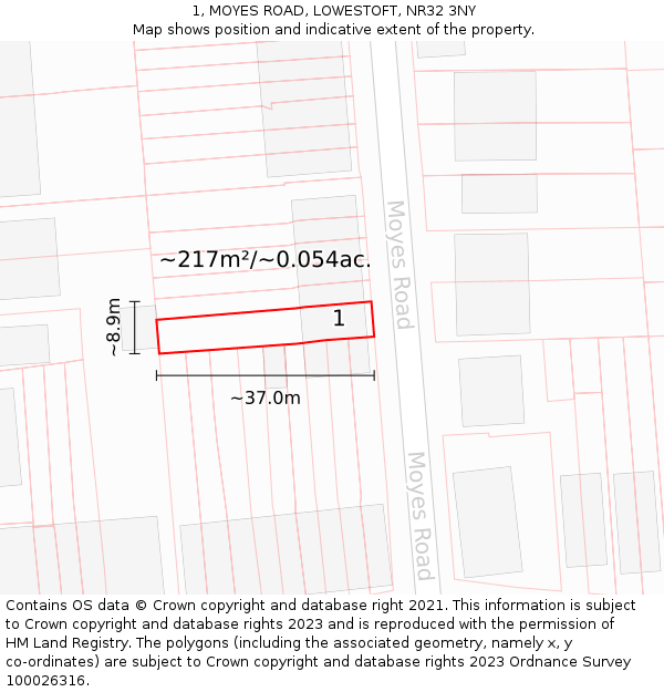 1, MOYES ROAD, LOWESTOFT, NR32 3NY: Plot and title map