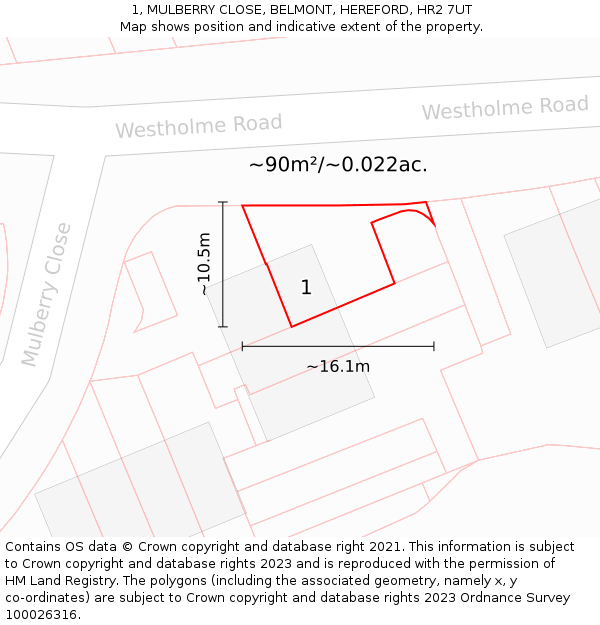1, MULBERRY CLOSE, BELMONT, HEREFORD, HR2 7UT: Plot and title map