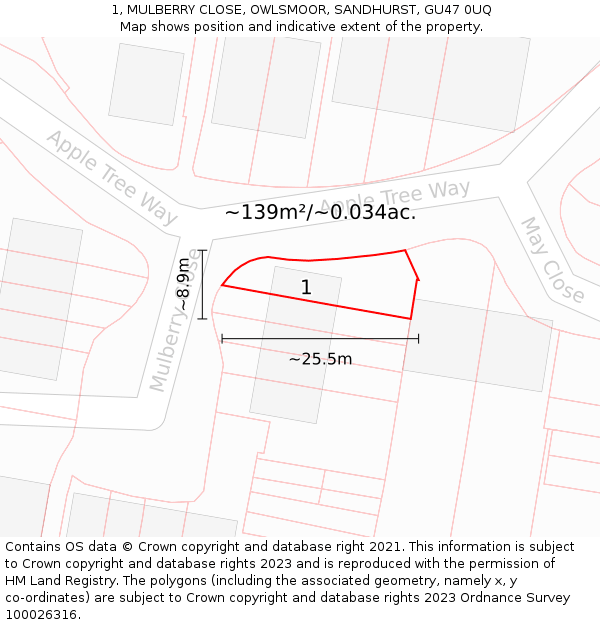 1, MULBERRY CLOSE, OWLSMOOR, SANDHURST, GU47 0UQ: Plot and title map